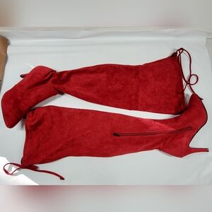 Hot Tomato Red Thigh High Heeled Boots Faux Suede 12W